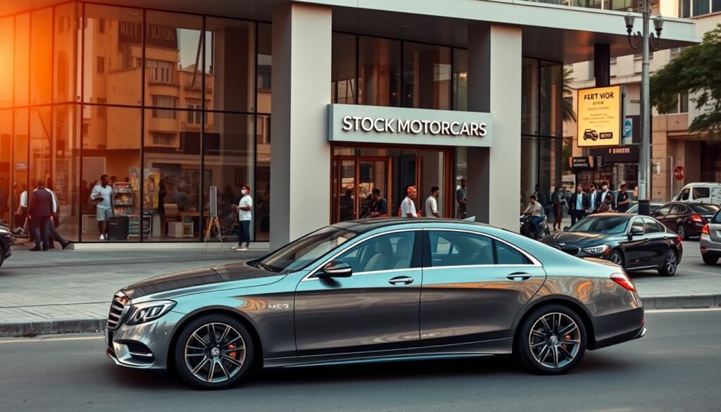 Sedan parked in front of stockmotorcars dealership