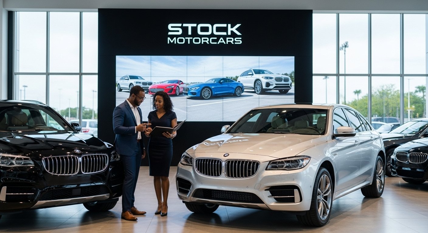 Young professionals comparing luxury cars at Stock Motorcars dealership.