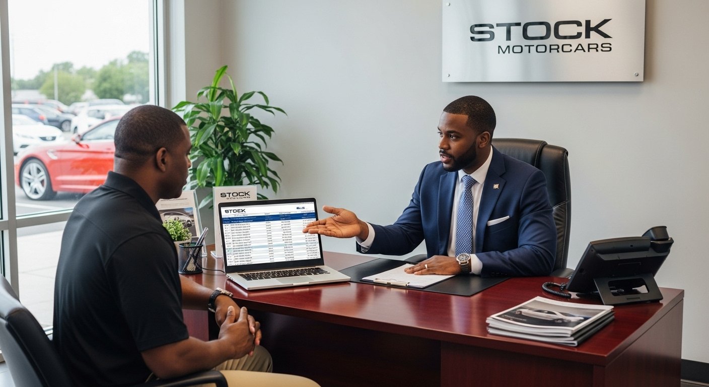 Customer exploring financing options with Stock Motorcars advisor.