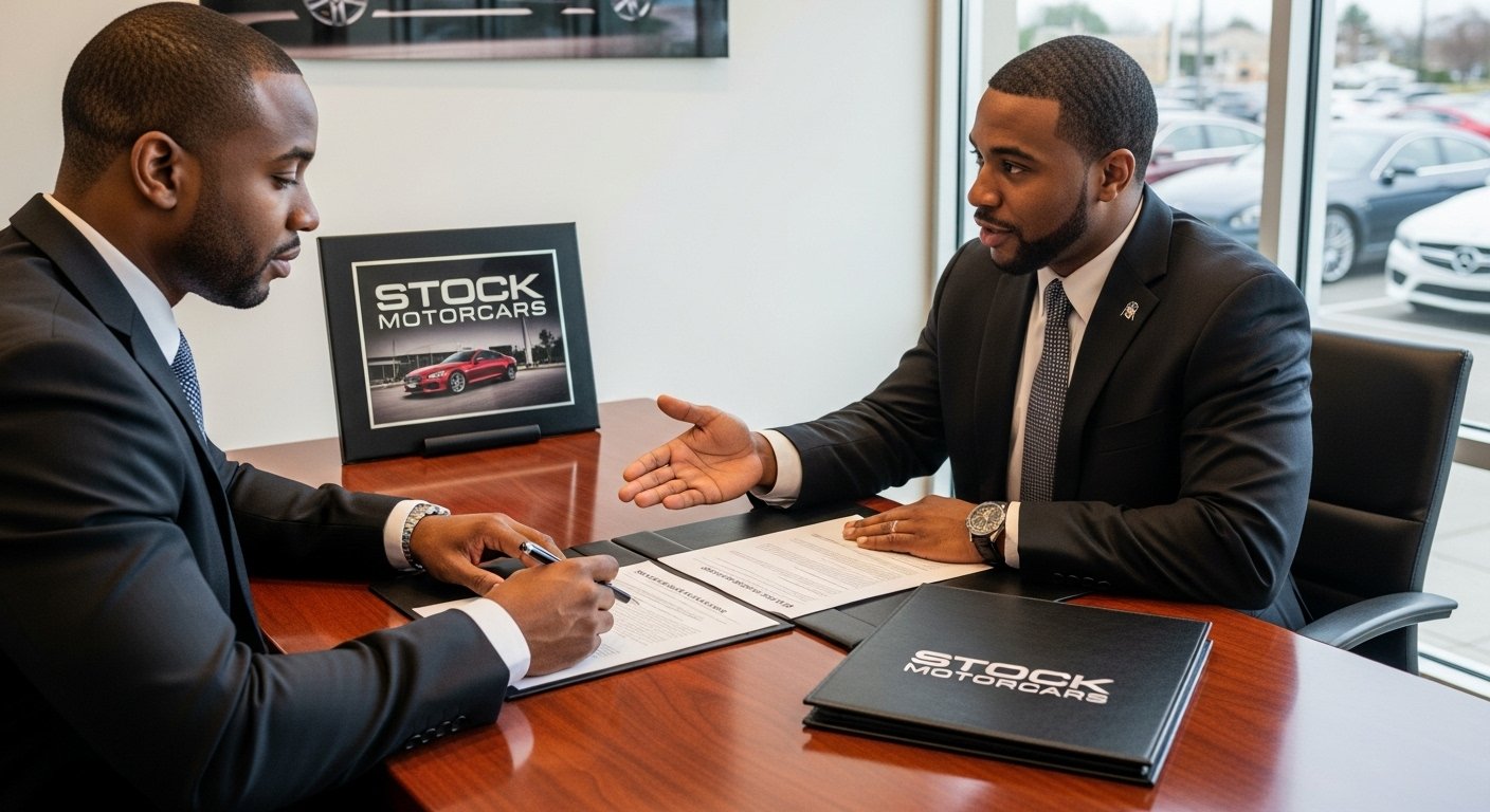Customer reviewing car purchase agreement at Stock Motorcars with clear pricing.