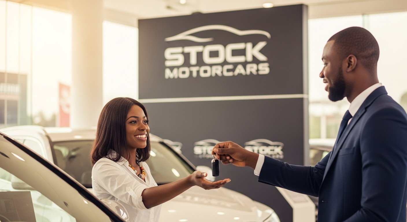 Customer receiving luxury car keys at Stock Motorcars Lagos showroom.