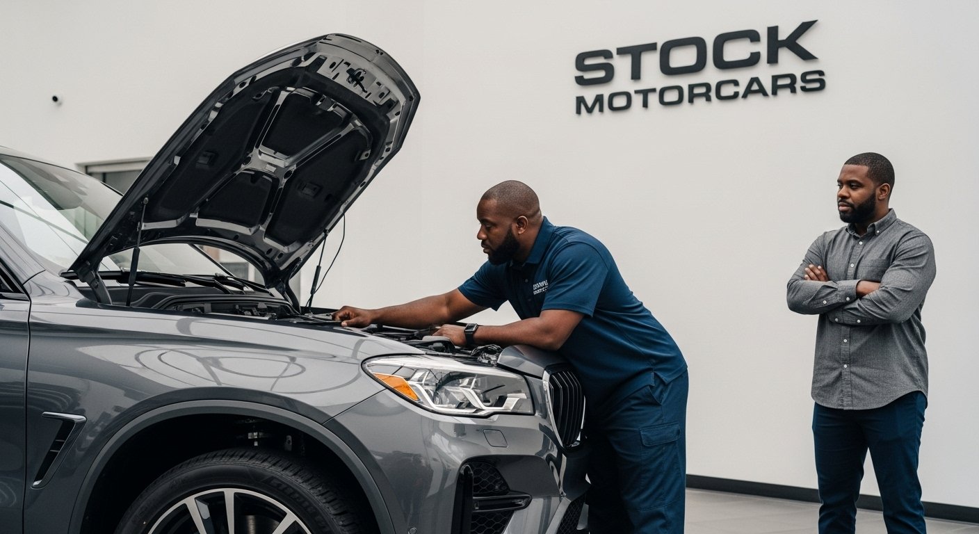 Mechanic inspecting luxury SUV at Stock Motorcars Lagos dealership.