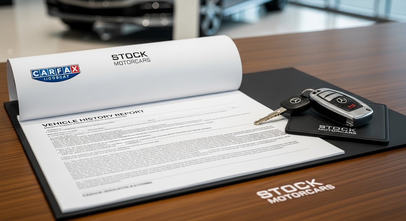 Vehicle history report with Stock Motorcars branding and luxury car keys.
