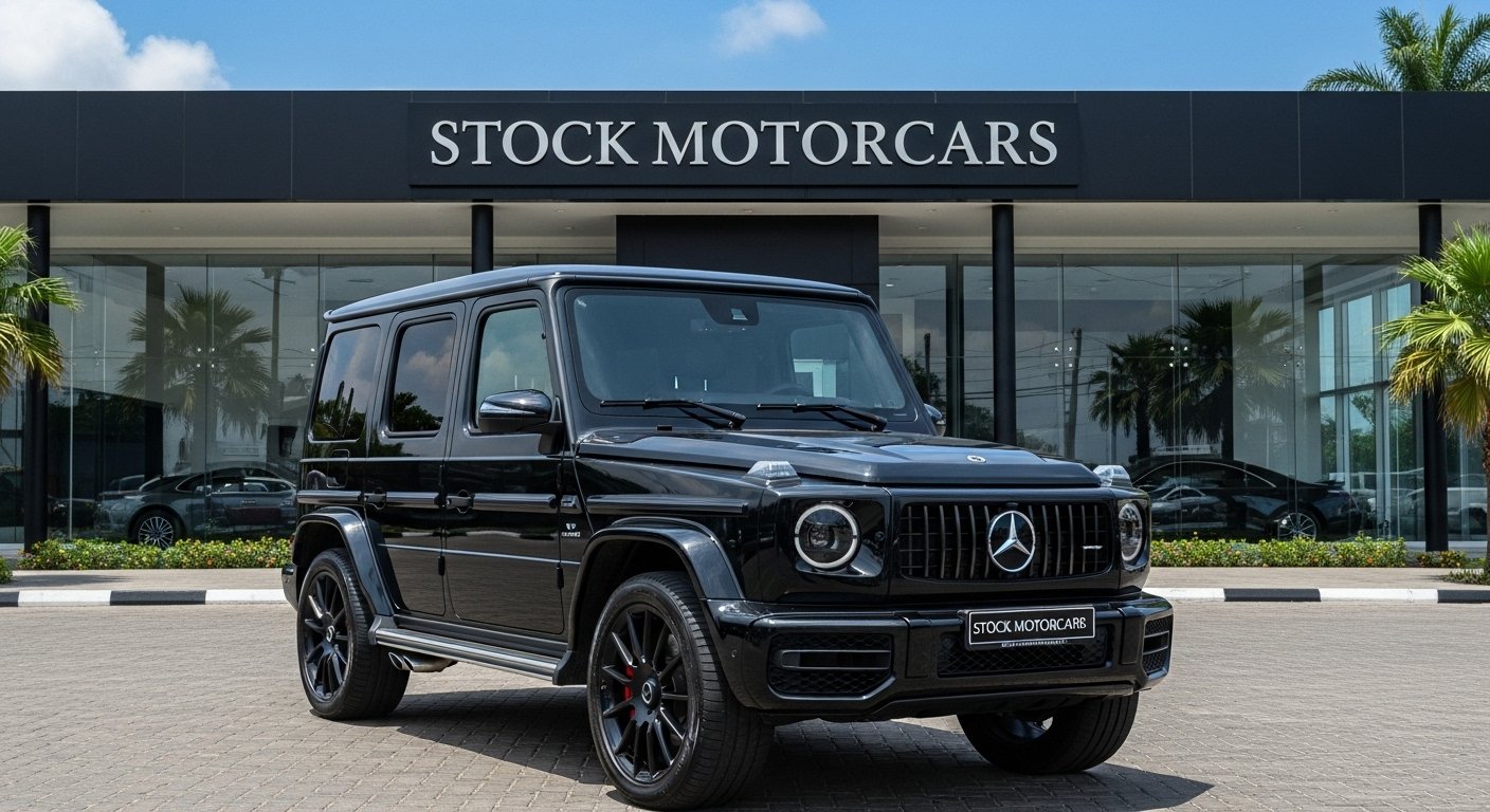 Luxury SUV with Stock Motorcars branding at dealership lot in Lagos.