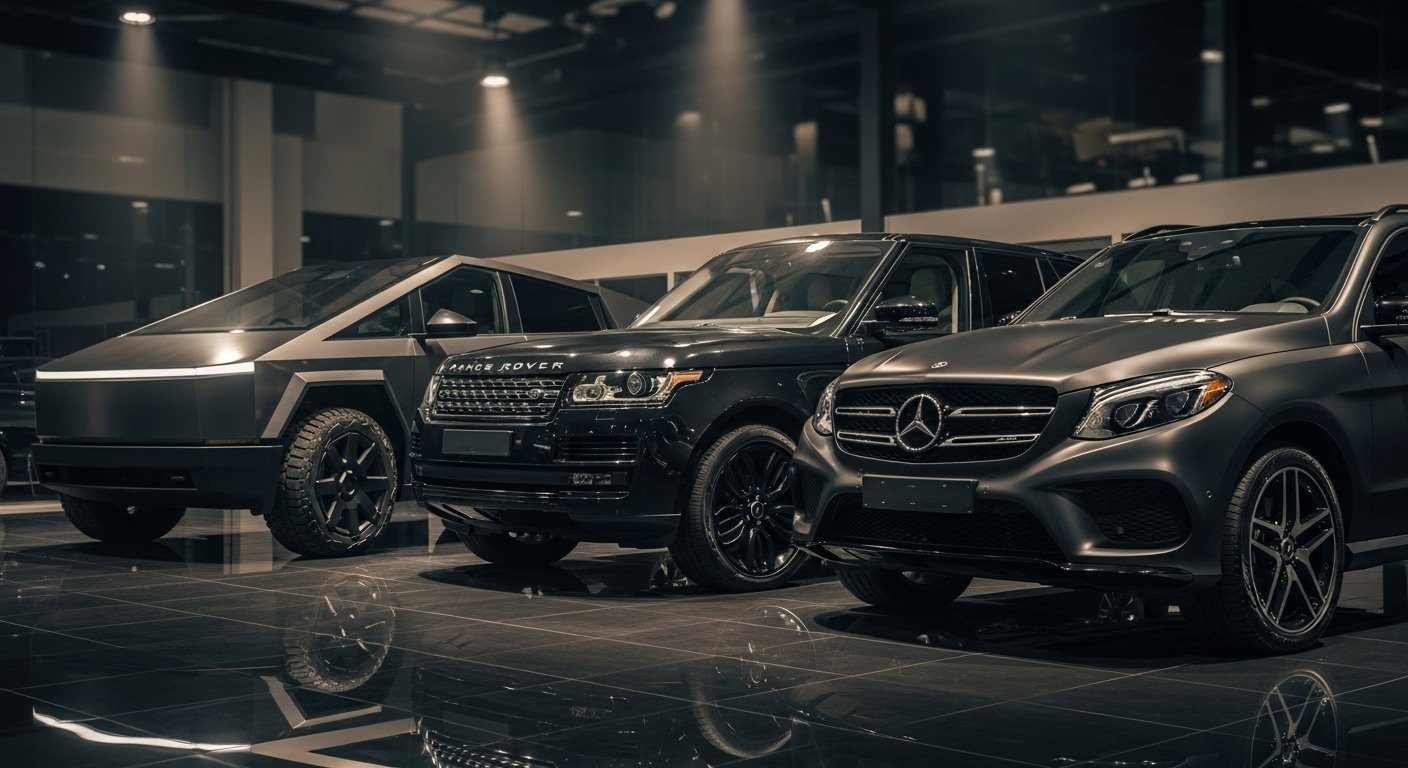 Tesla Cybertruck, Range Rover, and Mercedes GLE at Stock Motorcars Showroom Lagos