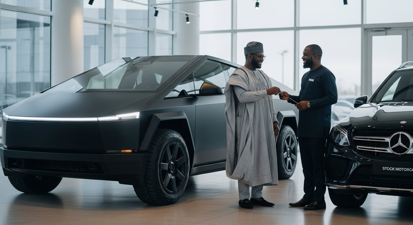 Customer receiving keys from Stock Motorcars consultant beside Tesla Cybertruck and Mercedes-Benz GLE