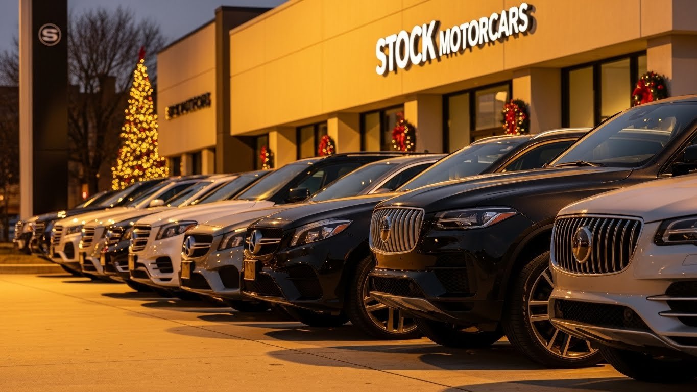 A lineup of premium luxury vehicles at Stock Motorcars decorated with festive Christmas lighting.