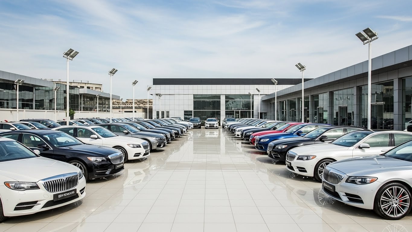 A lineup of premium luxury cars arranged neatly at a modern Nigerian dealership.