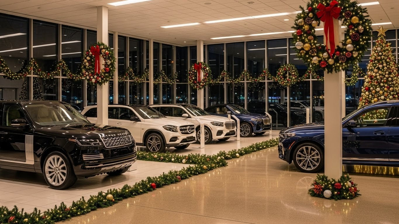 The Stock Motorcars luxury car showroom decorated for Christmas with premium vehicles on display.