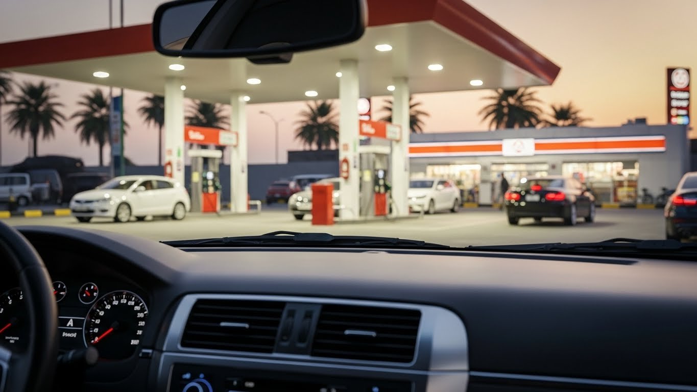 A luxury SUV being refueled at a Nigerian filling station with a close-up view of the fuel pump.