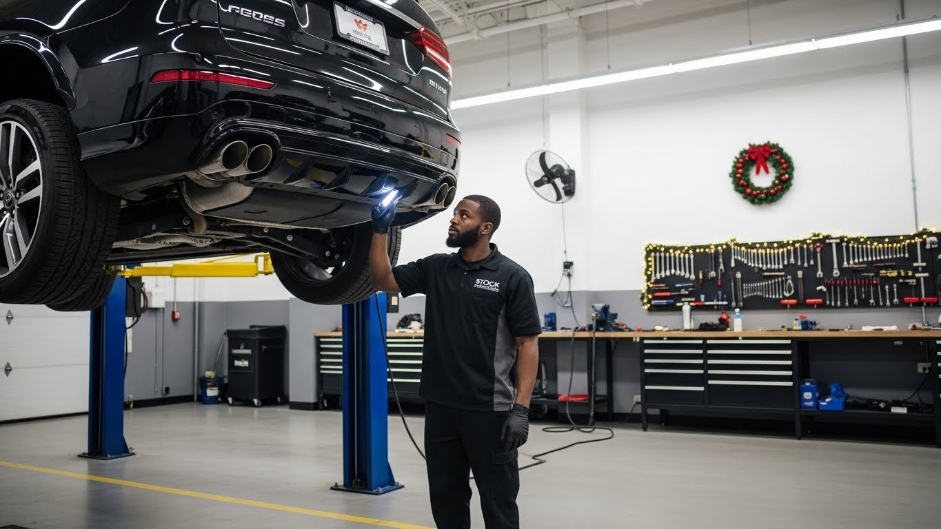 A luxury SUV undergoing professional inspection at Stock Motorcars during the Christmas season.