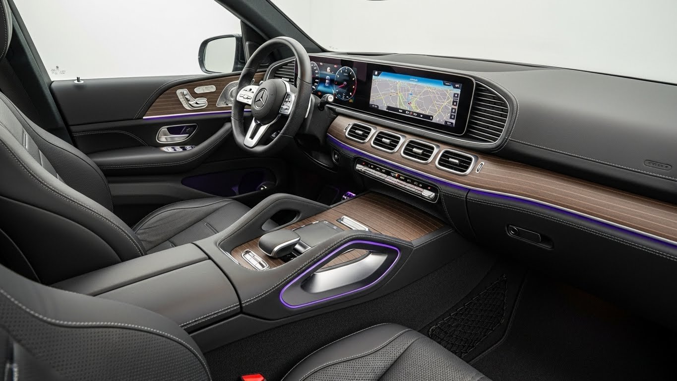 Premium black leather interior and dashboard of a Mercedes-Benz GLE 350 available at Stock Motorcars.
