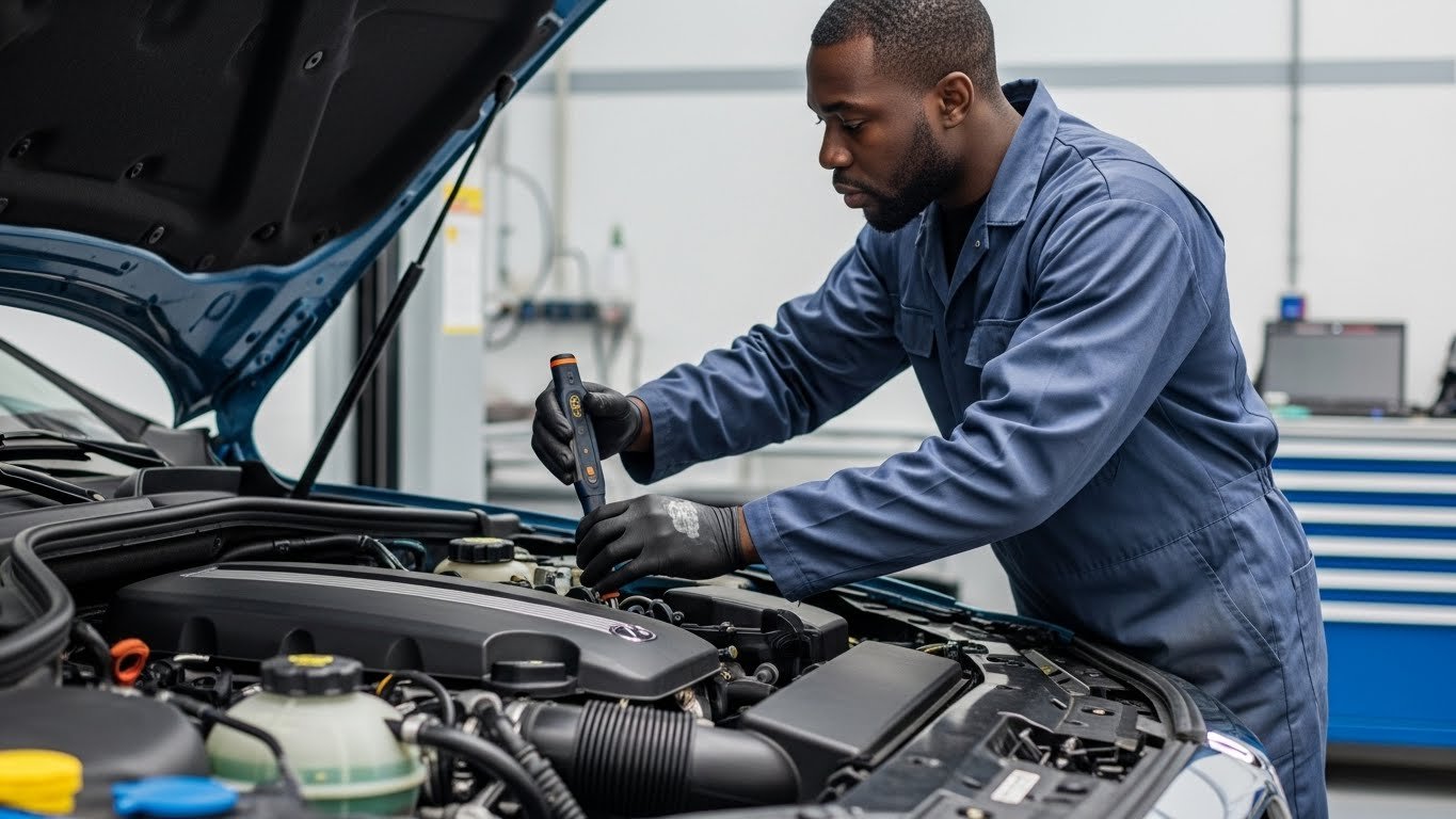 A technician performing a professional inspection on a luxury car engine using advanced diagnostic tools.