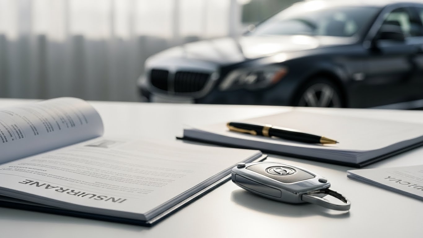 Luxury car insurance documents placed beside a car key fob with a high-end vehicle in the background.