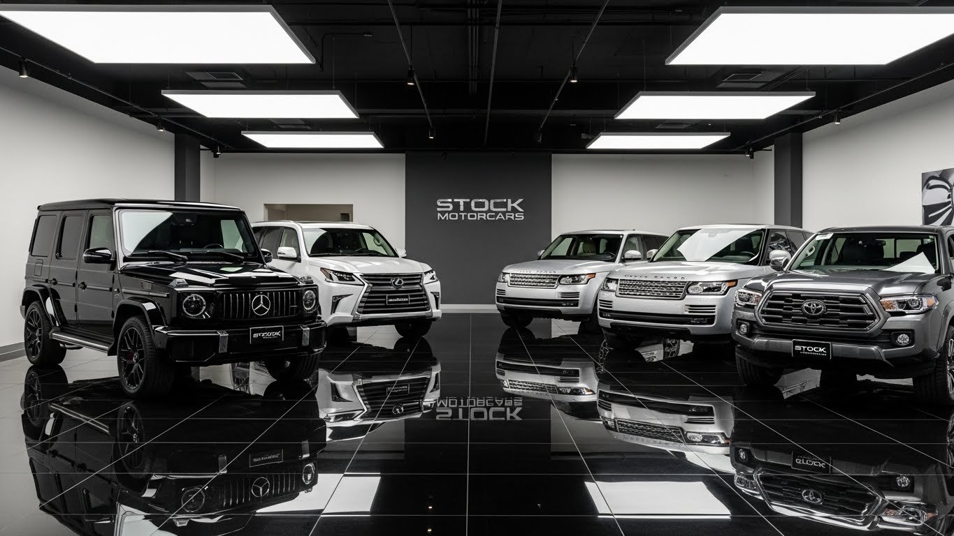 Premium luxury SUVs lined up inside Stock Motorcars showroom