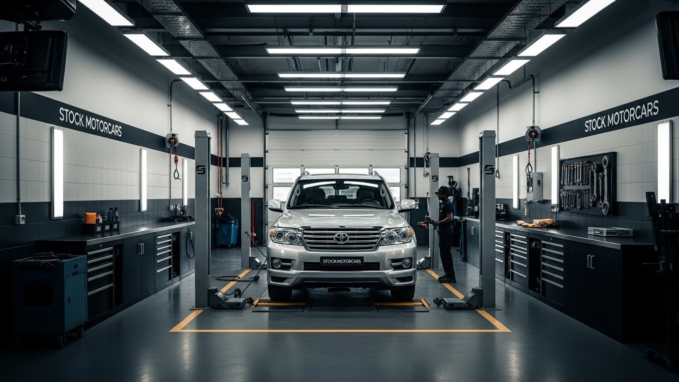 Professional luxury car inspection process at Stock Motorcars dealership