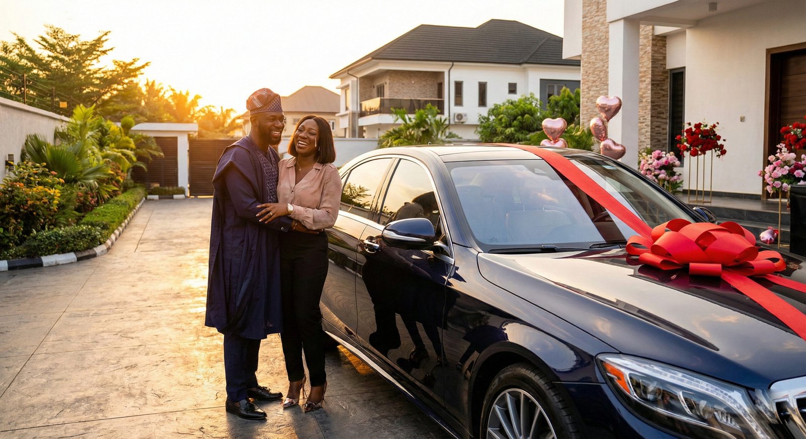 Couple celebrating Valentine’s Day with a new car gift
